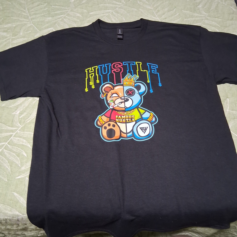 Gildan Black Graphic Tee with Colorful Bear Design